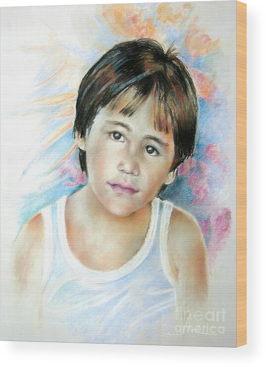 Portrait Child Wood Print featuring the painting Little Boy from Tahiti by Miki De Goodaboom