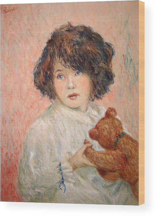Art Wood Print featuring the painting Little Girl With Bear by Pierre Dijk