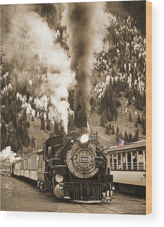 Train Wood Print featuring the photograph Locomotive To The Past Sepia, Durango Silverton Narrow Gauge, Colorado by Don Schimmel