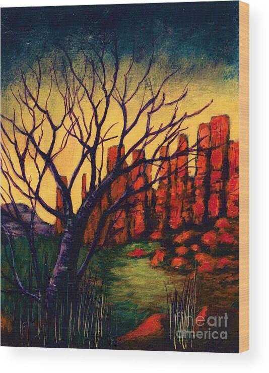 #art #artist #arizona #beautiful #bestseller #colorful #colors #fineart #followart #iloveart #interiordesign #landscape #luxuryart #mountains #nature #natureaddict #newartwork #painting #sedona #southwest #trees Wood Print featuring the painting Lonesome Tree by Allison Constantino