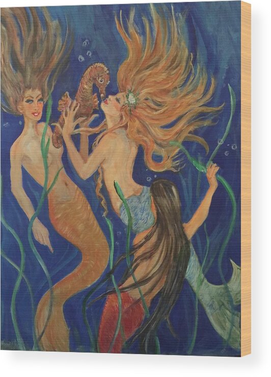 3 Mermaids Under The Sea. Blues Wood Print featuring the painting Look What I Found by Charme Curtin