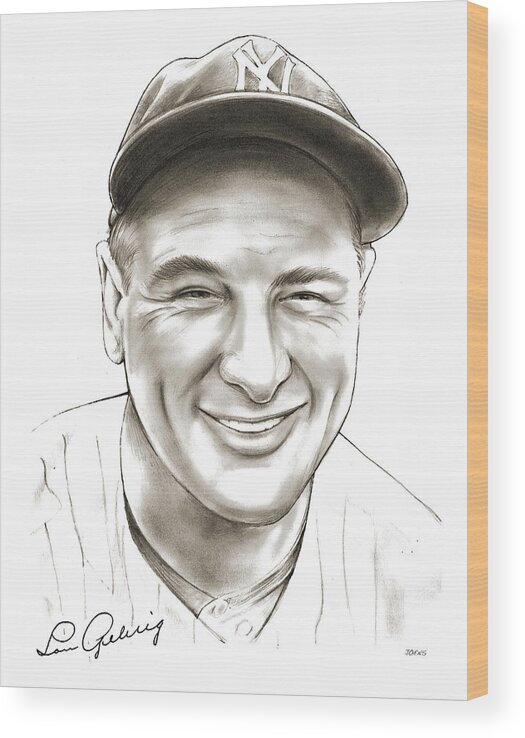 Lou Gehrig Wood Print featuring the drawing Lou Gehrig by Greg Joens