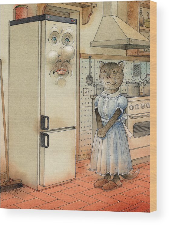 Cat Kitchen Love Wood Print featuring the painting Love Story by Kestutis Kasparavicius