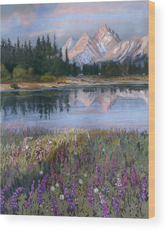 Grand Tetons Wood Print featuring the painting Lupines at Pilgrim Creek by Heather Coen