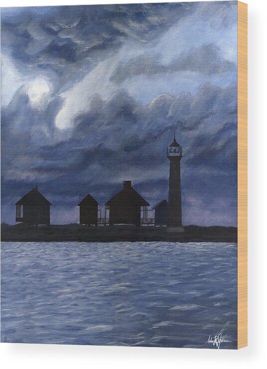 Landscape Wood Print featuring the painting Lydia Ann Lighthouse by Adam Johnson