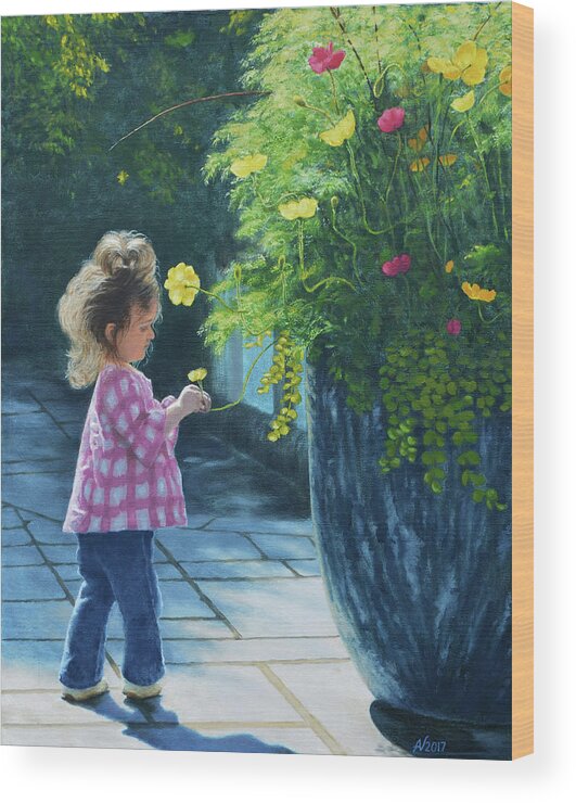 Children Wood Print featuring the painting Maddy with Flowers by Alex Vishnevsky