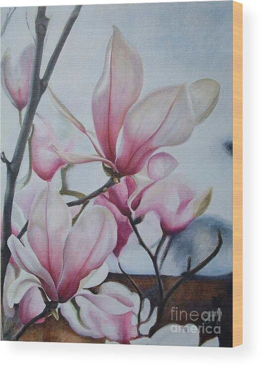 Flowers Wood Print featuring the painting Magnolia Reach by Daniela Easter