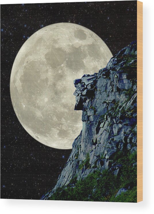 Old Man Old Man Of The Mountain Nh New Hampshire Moon Full Moon Lunar Astronomy Composite Wood Print featuring the photograph Man in the Moon Meets Old Man of the Mountain Vertical by Larry Landolfi