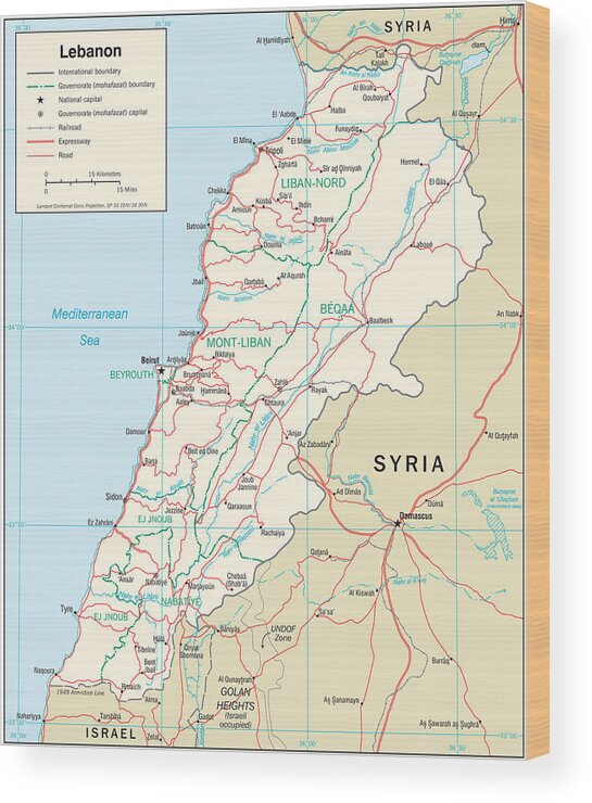 Atlas Wood Print featuring the mixed media Map of Lebanon 2 by Roy Pedersen