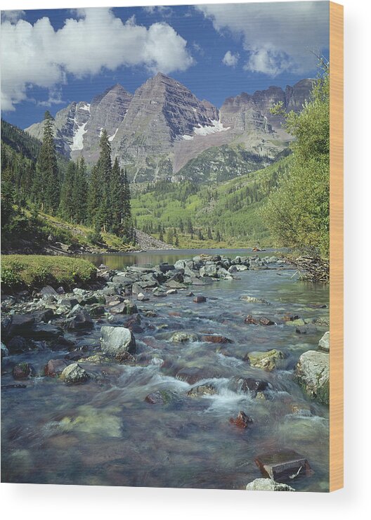Maroon Bells Wood Print featuring the photograph 210404-Maroon Bells and Creek by Ed Cooper Photography