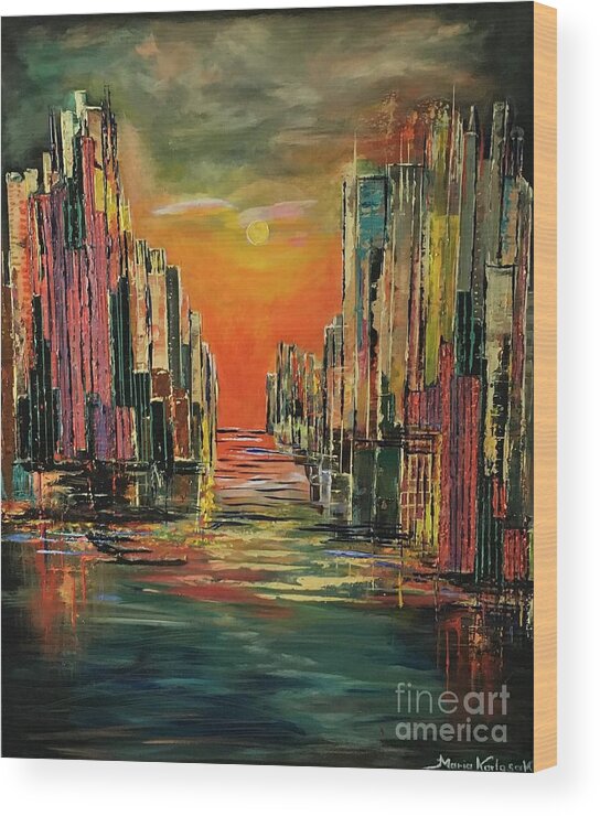 Modern Painting Wood Print featuring the painting Metal city by Maria Karlosak