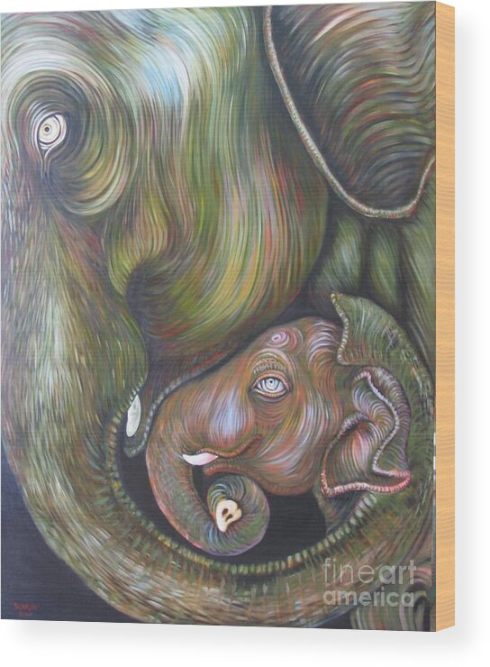 Elephant Wood Print featuring the painting Mom and Kid by Sukalya Chearanantana