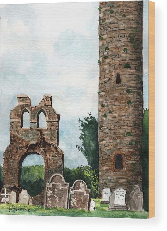 Tim Gordon Wood Print featuring the painting Monasterboice Ruins Ireland by Timithy L Gordon