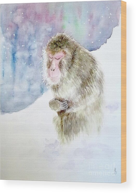 Monkey Wood Print featuring the painting Monkey in meditation by Yoshiko Mishina