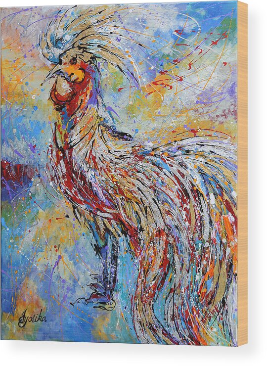 Long Tail Rooster Wood Print featuring the painting Morning Call by Jyotika Shroff