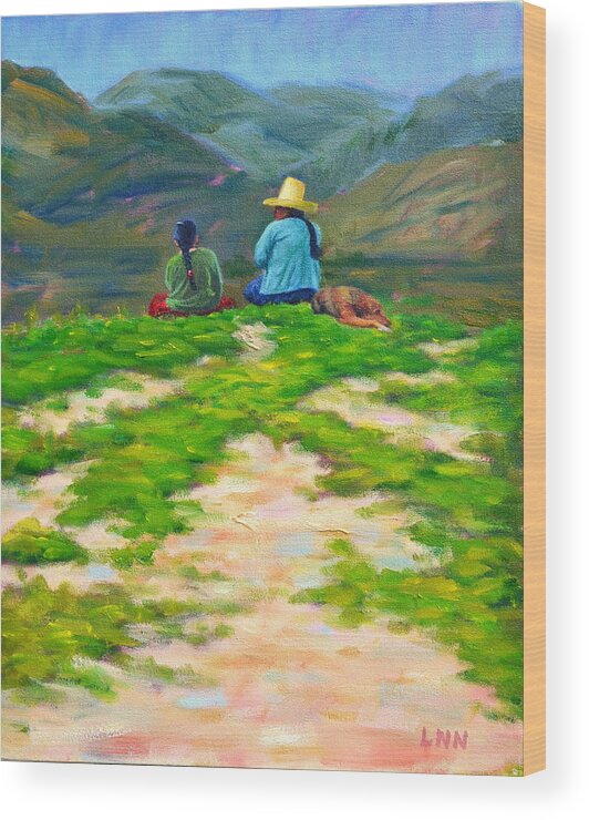 Landscape Wood Print featuring the painting Motherly Advice, Peru Impression by Ningning Li