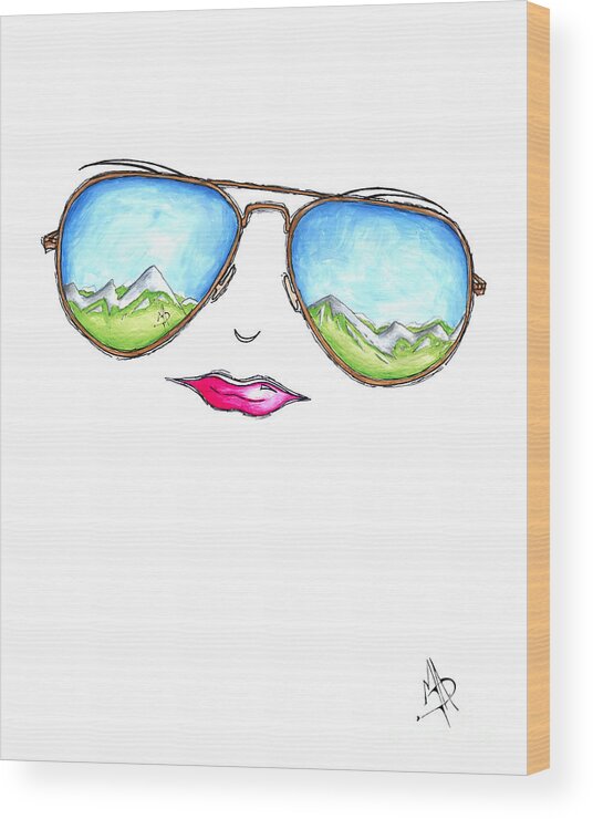 Aviator Wood Print featuring the painting Mountain View Aviator Sunglasses PoP Art Painting Pink Lips Aroon Melane 2015 Collection by Megan Aroon