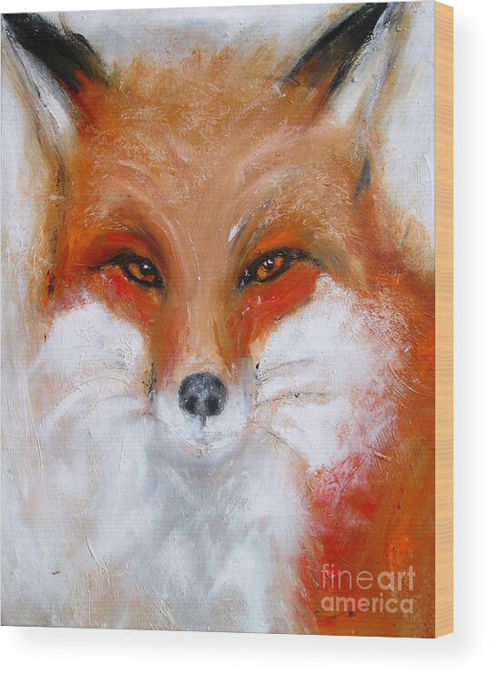 Mr Fox Wood Print featuring the painting Fox paintings and artwork Mr Foxy by Mary Cahalan Lee - aka PIXI