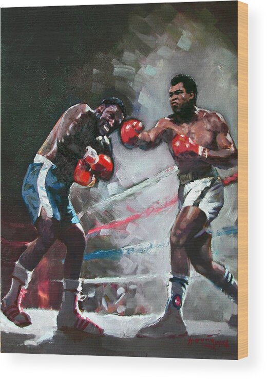 Muhammad Ali Wood Print featuring the painting Muhammad Ali and Joe Frazier by Ylli Haruni