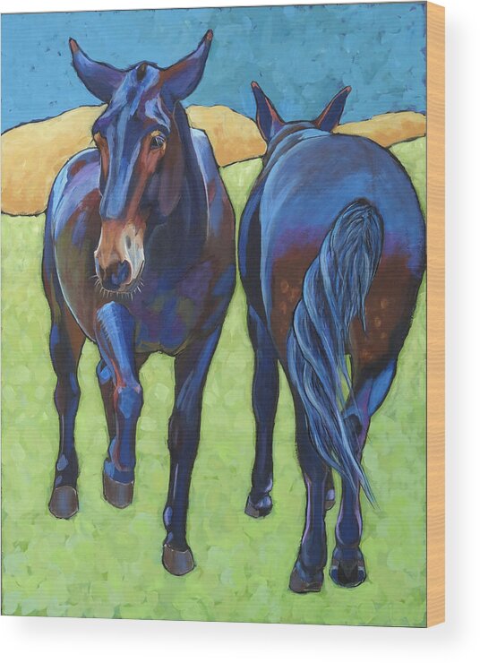 Mule Wood Print featuring the painting Mules Head to Tail by Ande Hall