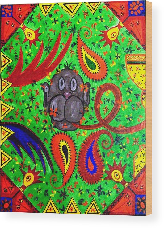 Fantasy Folk Art Wood Print featuring the painting Mun Moji-Hookah Monkey by Fareeha Khawaja