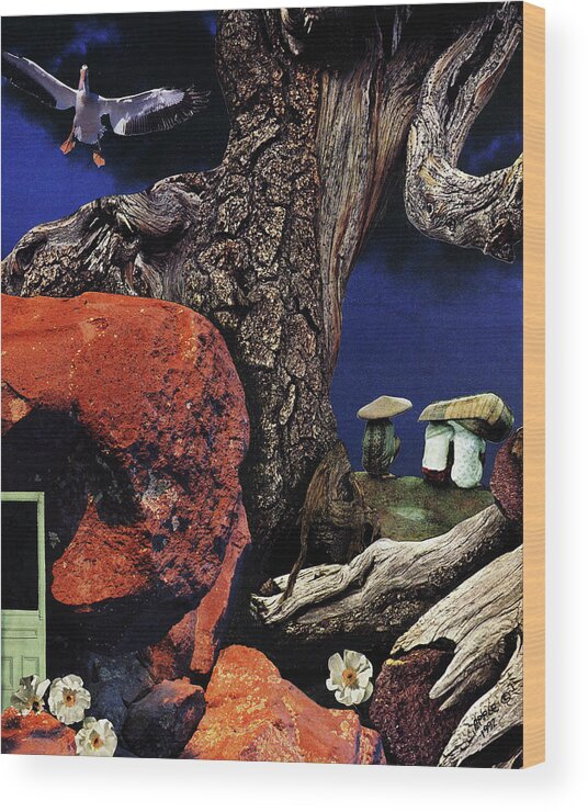 Fantasy Wood Print featuring the painting Mushroom People - collage by Linda Apple