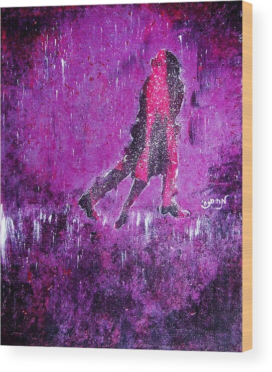 Music Wood Print featuring the painting Music Inspired Dancing Tango Couple in Purple Rain Contemporary Lyrical Splattered and Emotional by M Zimmerman