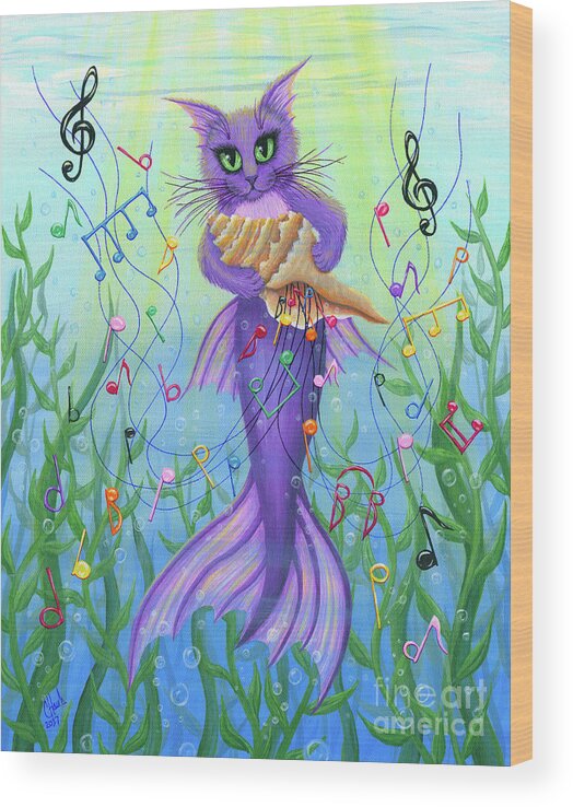 Cat Decor Wood Print featuring the painting Musical Mercat - Purple Mermaid Cat by Carrie Hawks