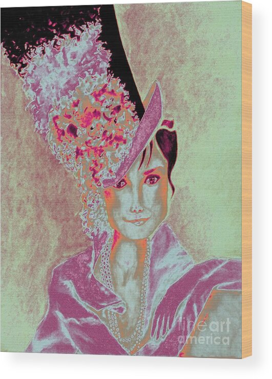 Audrey Hepburn Wood Print featuring the painting My Fair Audrey -- in Raspberry and Orange by Jayne Somogy