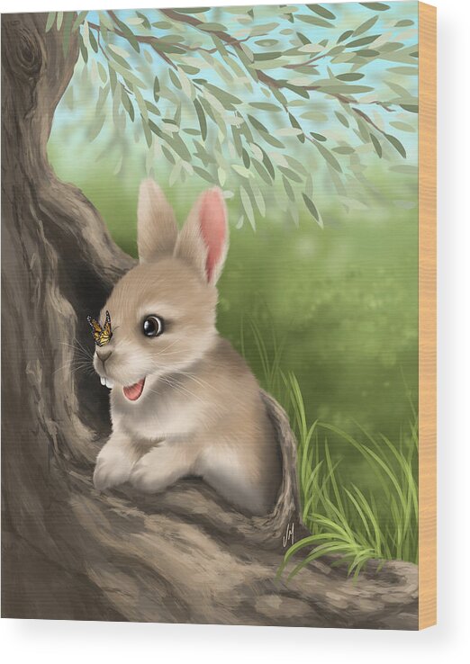 Bunny Wood Print featuring the painting My new friend by Veronica Minozzi