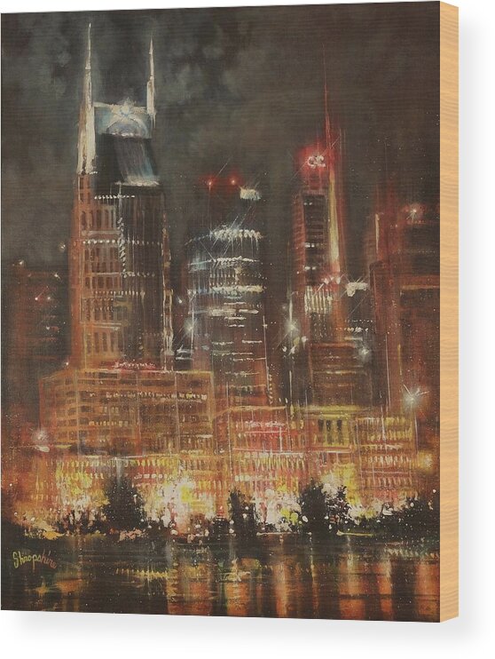 Nashville Wood Print featuring the painting Nashville Nights by Tom Shropshire