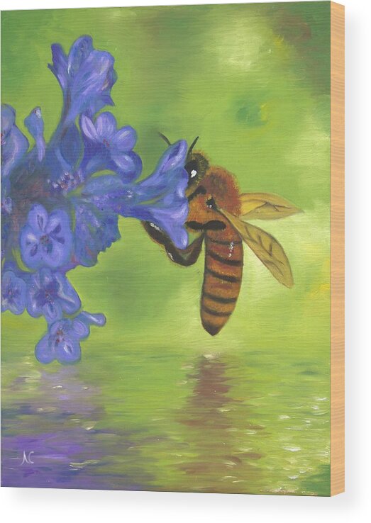 Bee Wood Print featuring the painting Nectar of Life - Honeybee by Neslihan Ergul Colley