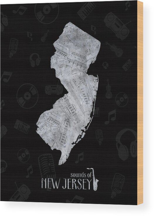 New Jersey Wood Print featuring the digital art New Jersey Map Music Notes 2 by Bekim M