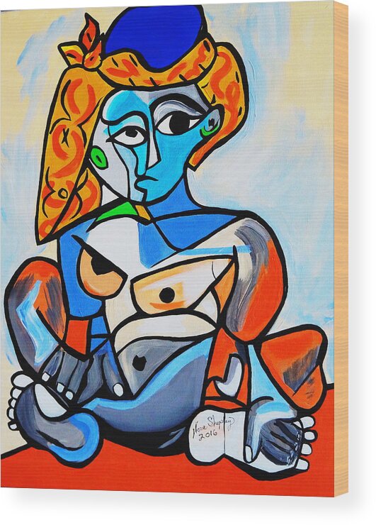Picasso By Nora Wood Print featuring the painting New Picasso By Nora Nude Woman With Turkish Bonnet by Nora Shepley