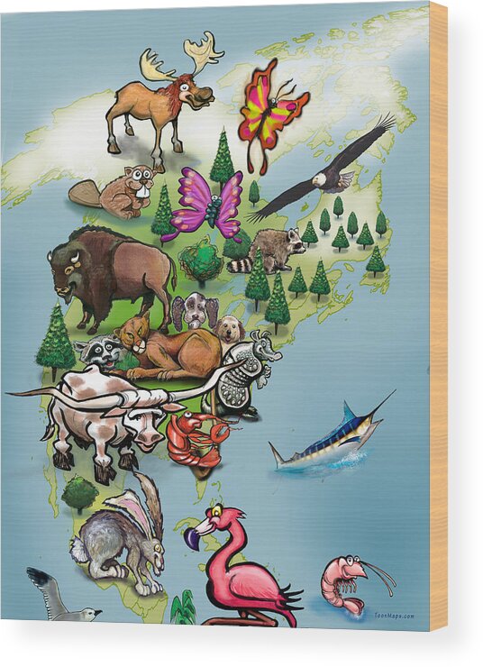 North America Wood Print featuring the digital art North American Animals Map by Kevin Middleton