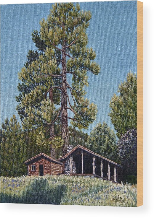 Landscape Pantings Wood Print featuring the painting Old Cabin in the Pines by Jiji Lee