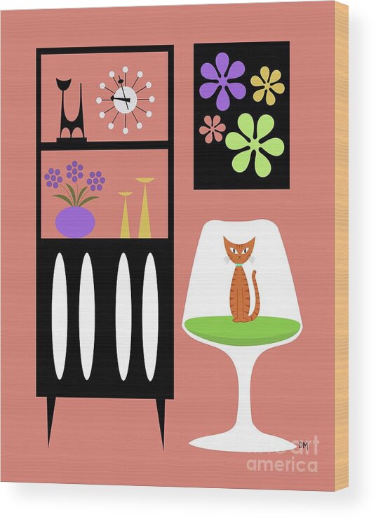  Wood Print featuring the digital art Orange Cat in Pink Room by Donna Mibus
