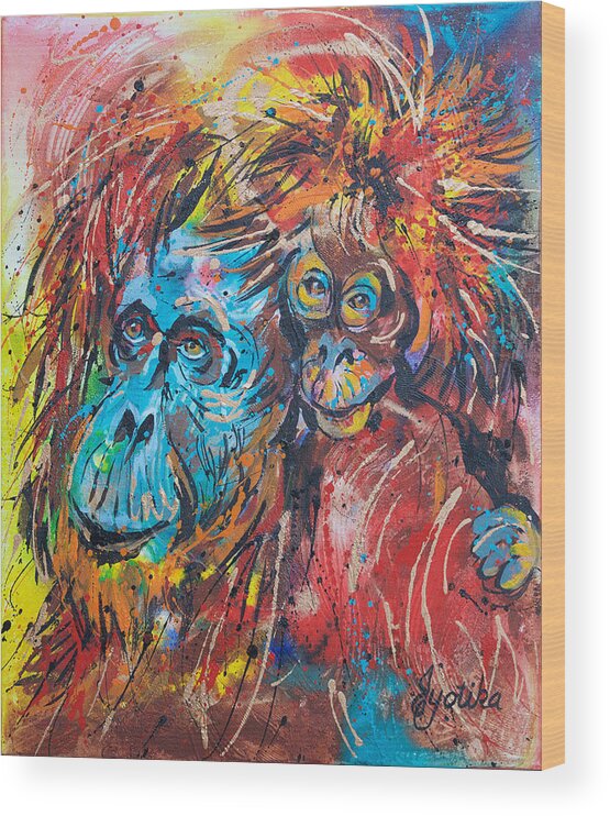 Orangutan Mother And Baby Wood Print featuring the painting Orangutan Joyful Ride by Jyotika Shroff