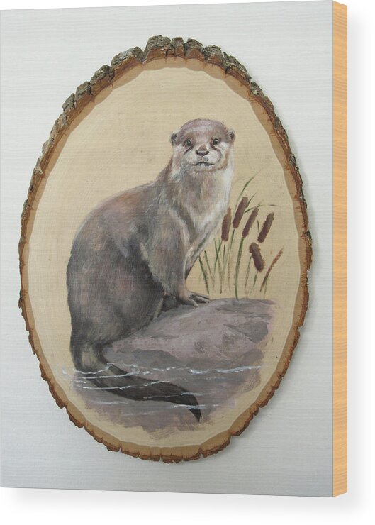 Playful Wood Print featuring the painting Otter - Growing Curiosity by Brandy Woods