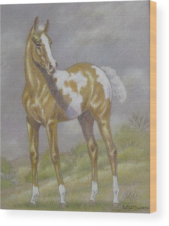 Paint Foal Wood Print featuring the pastel Palomino Paint Foal by Dorothy Coatsworth