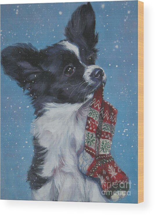 Papillon Wood Print featuring the painting Papillon puppy with xmas stocking by Lee Ann Shepard