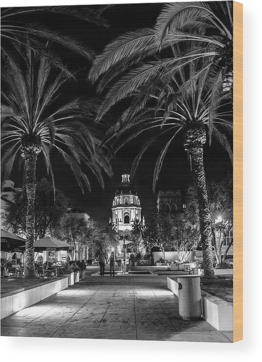 Pasadena Wood Print featuring the photograph Pasadena City Hall after Dark in Black and White by Randall Nyhof
