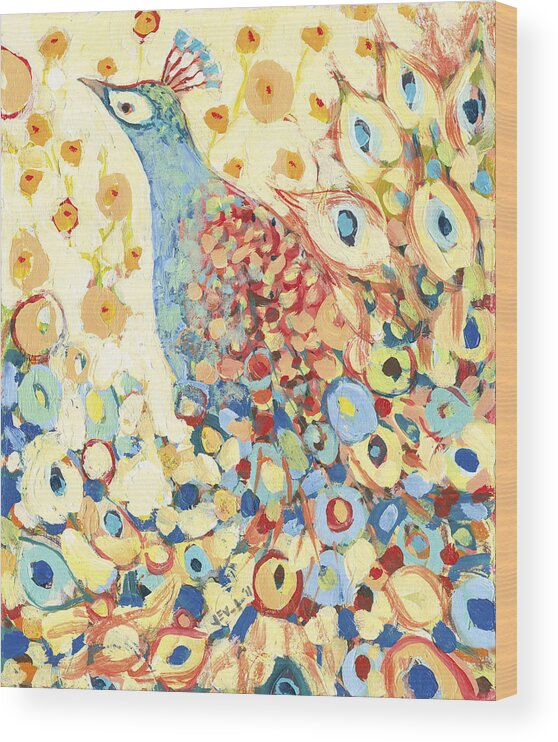 Peacock Wood Print featuring the painting Peacock Hiding in My Poppy Garden by Jennifer Lommers