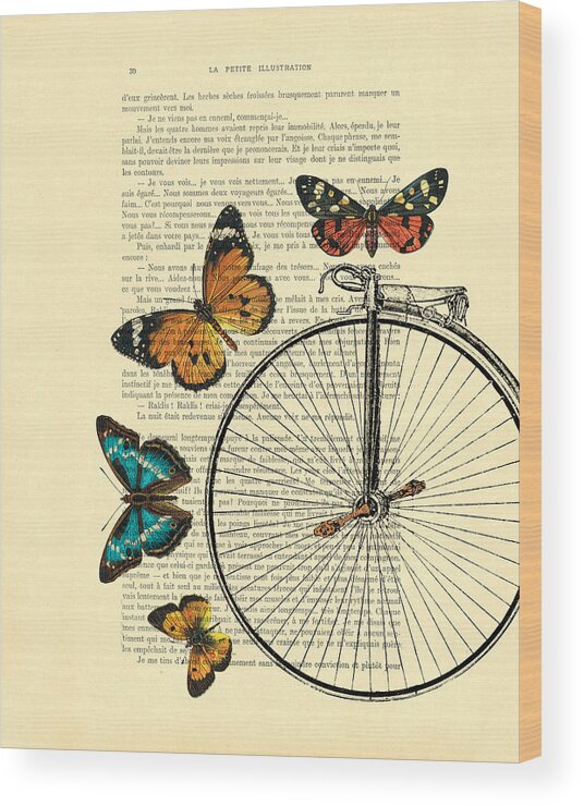 Wheel Wood Print featuring the digital art Penny farthing with butterflies by Madame Memento