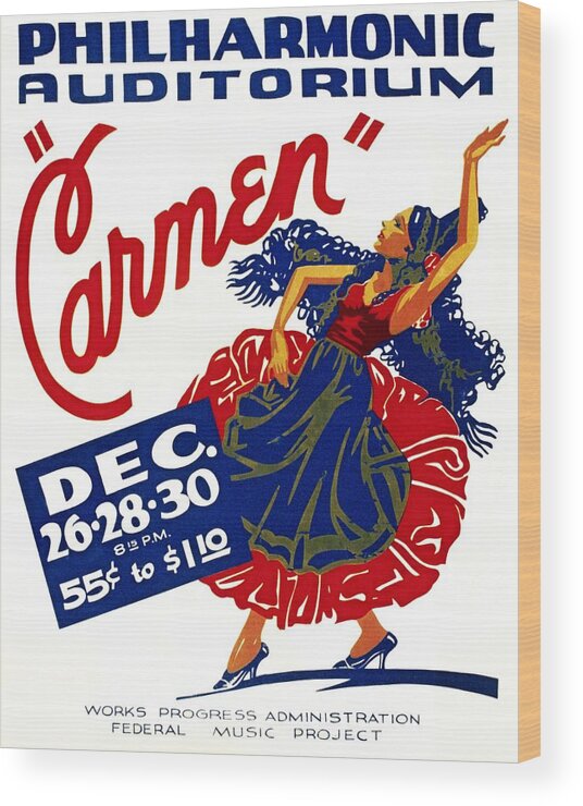 Carmen Wood Print featuring the painting Philharmonic Auditorium Carmen, WPA poster, 1939 by Vincent Monozlay
