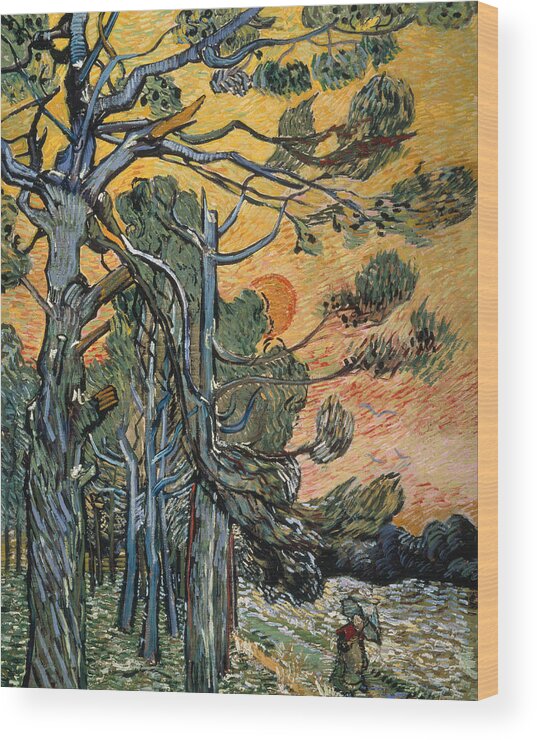 Pine Trees At Sunset Wood Print featuring the painting Pine Trees at Sunset by Vincent van Gogh