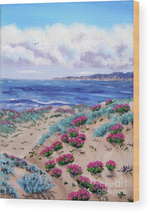 Seascape Wood Print featuring the painting Pink Daisies in Sand Dunes by Laura Iverson