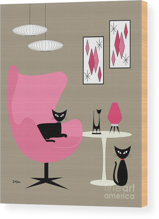  Wood Print featuring the digital art Pink Egg Chair with Two Cats by Donna Mibus
