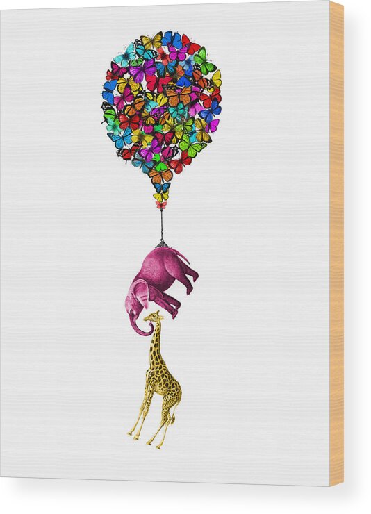 Pink Wood Print featuring the digital art Pink elephant and giraffe hanging from a butterfly balloon by Madame Memento
