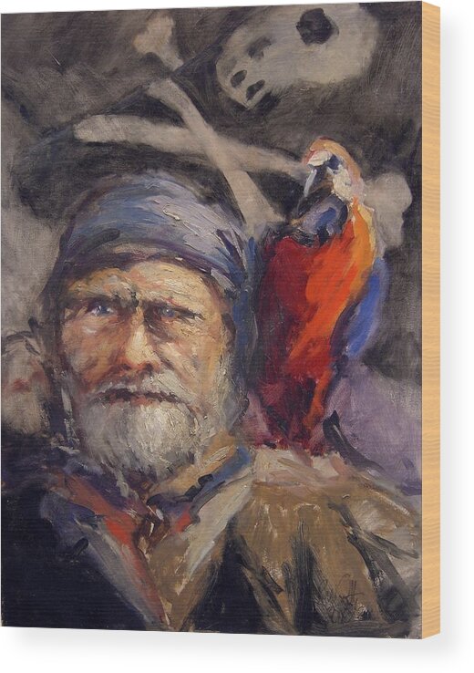 Pirate Wood Print featuring the painting Pirate with bird and flag by R W Goetting